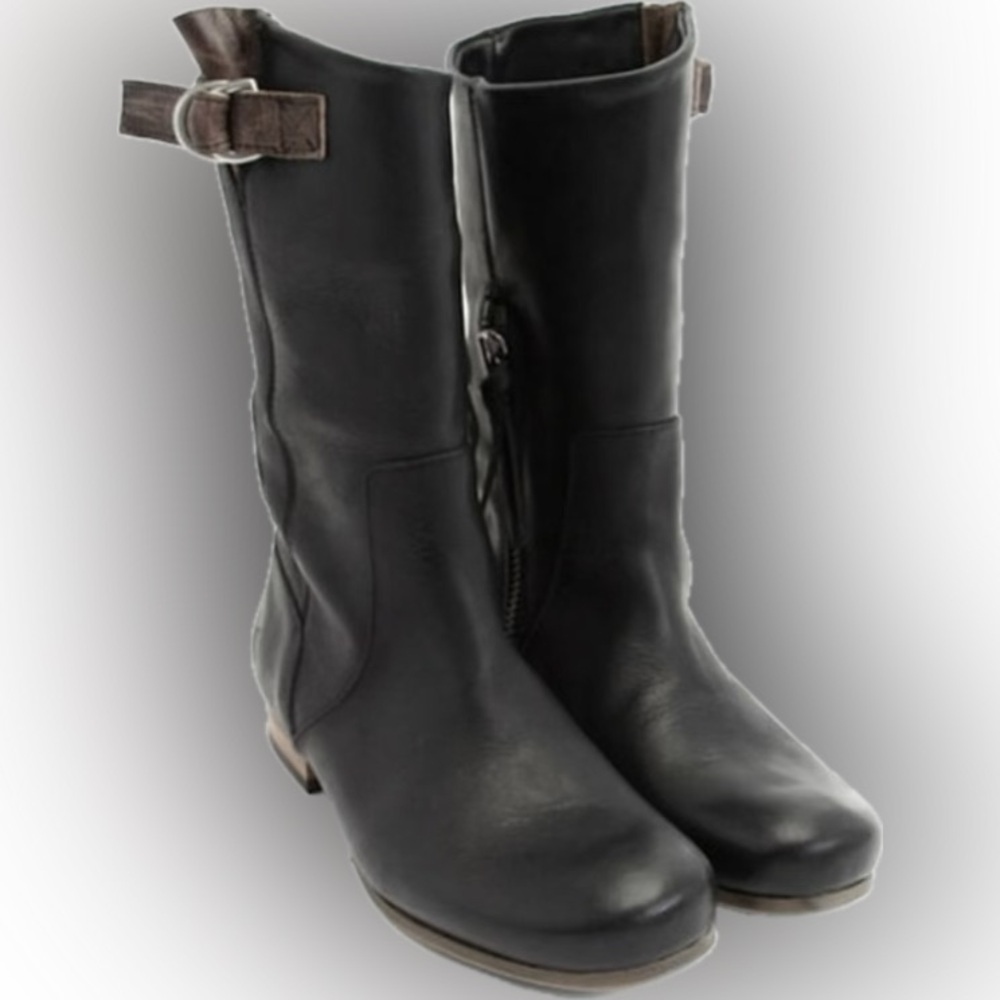 John Fluevog Women's Size 9 Radio KIPO Black & Brown Calf Leather Moto Boots